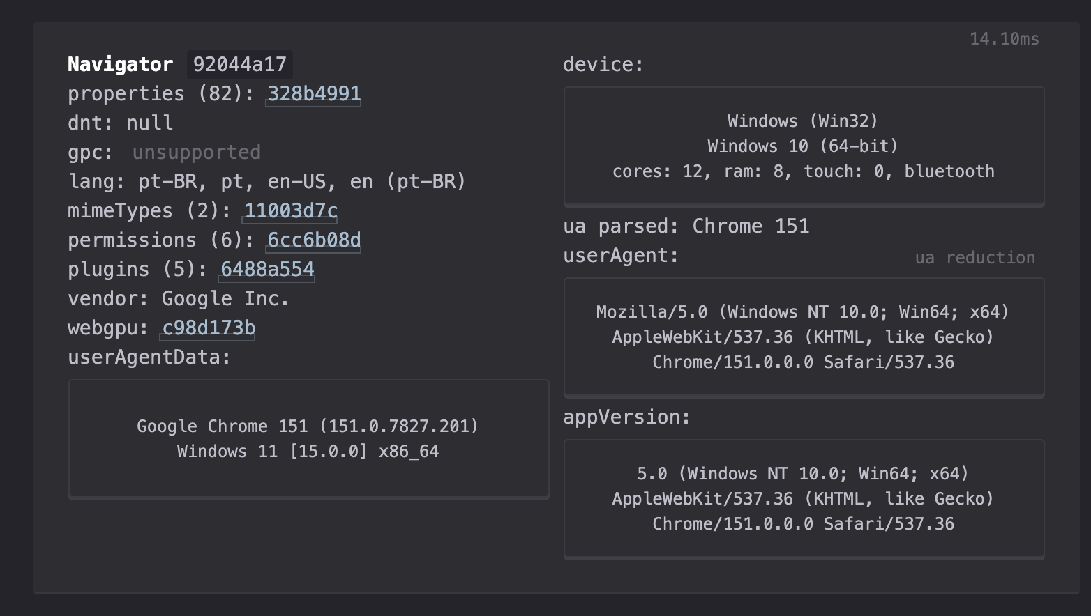 CreepJS navigator section in the main page reporting platform Win32, Windows 11, a Windows User-Agent and appVersion, plugins, and cores/ram