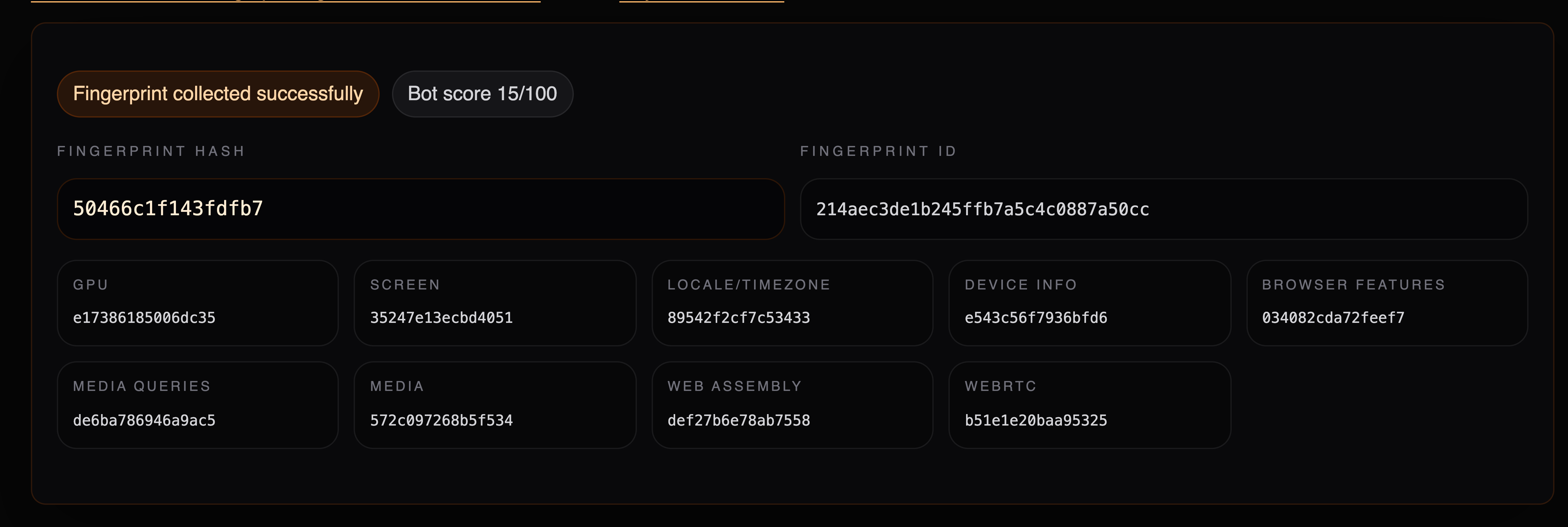 fingerprint-scan.com reporting a bot score of 15/100 for headless Chrome with a macOS fingerprint applied