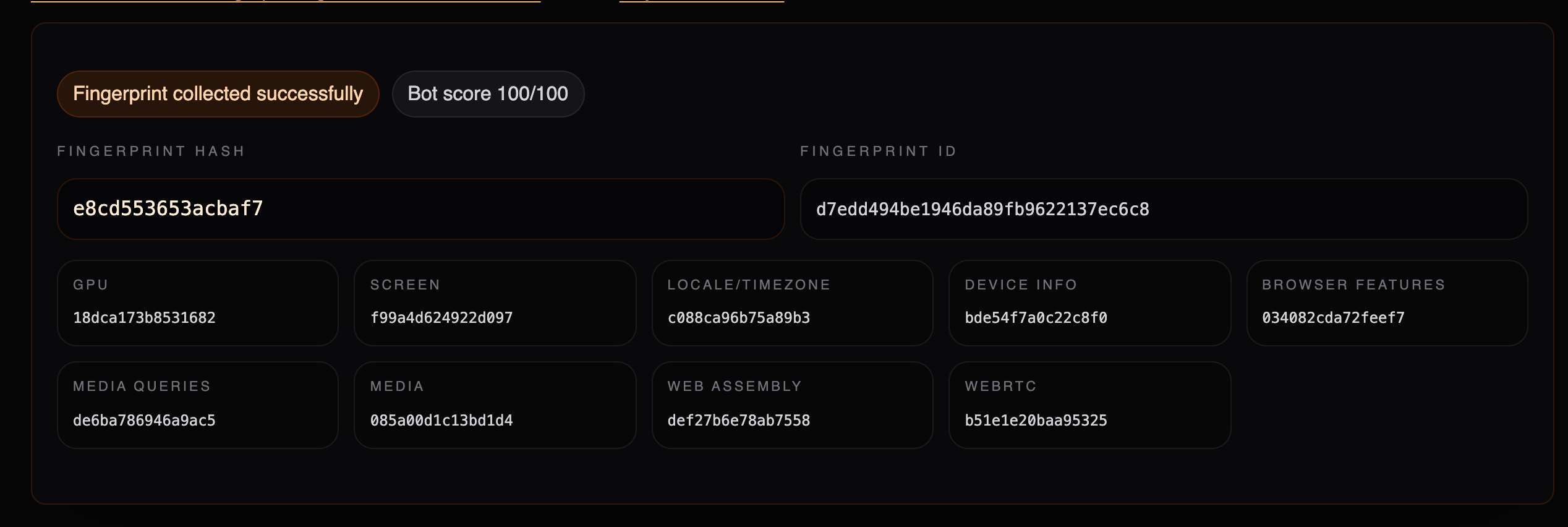 fingerprint-scan.com reporting a bot score of 100/100 for headless Chrome with no fingerprint