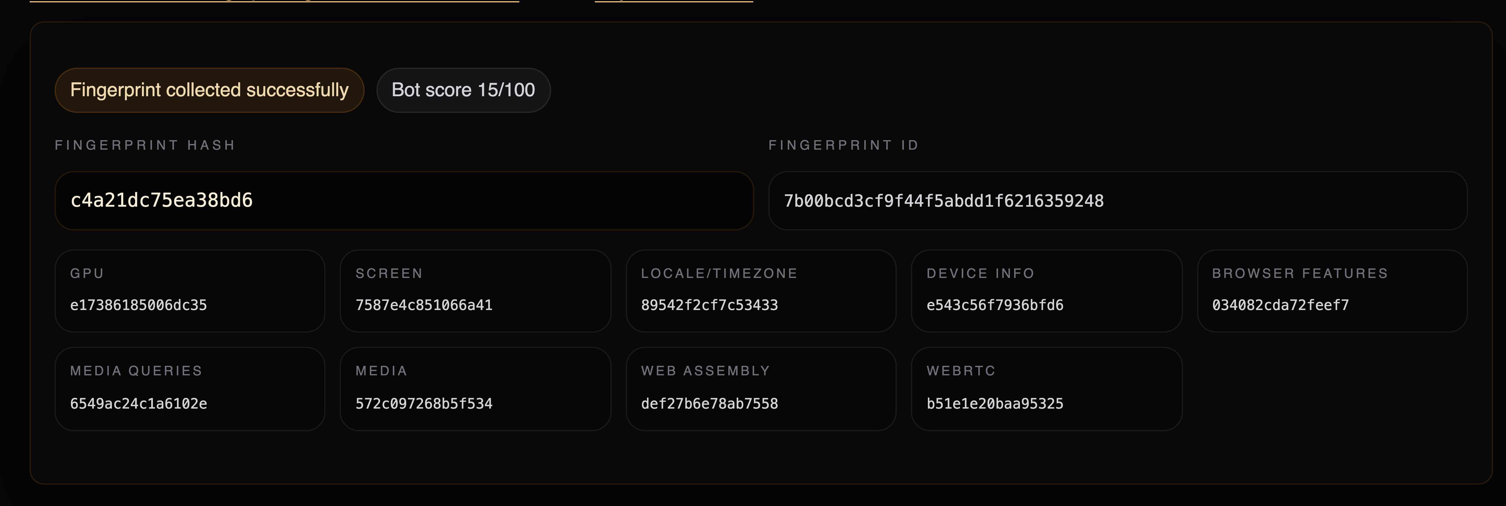fingerprint-scan.com reporting a bot score of 15/100 for a macOS fingerprint applied on a macOS host