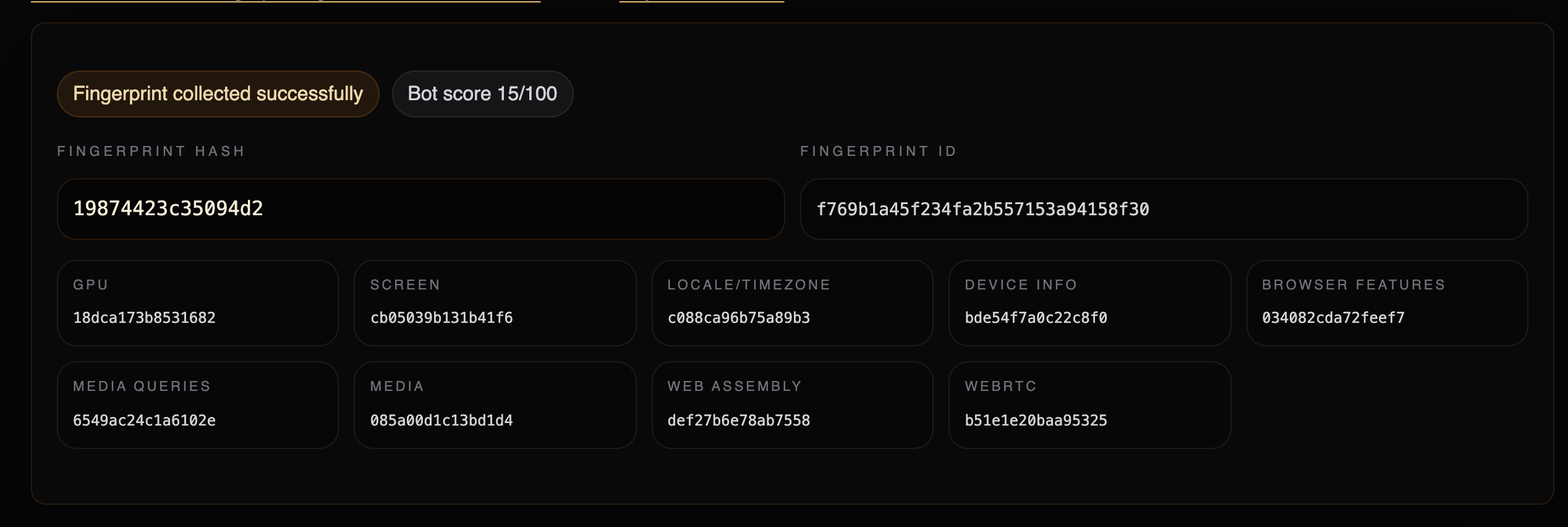 fingerprint-scan.com reporting a bot score of 15/100 for Pydoll with no fingerprint applied