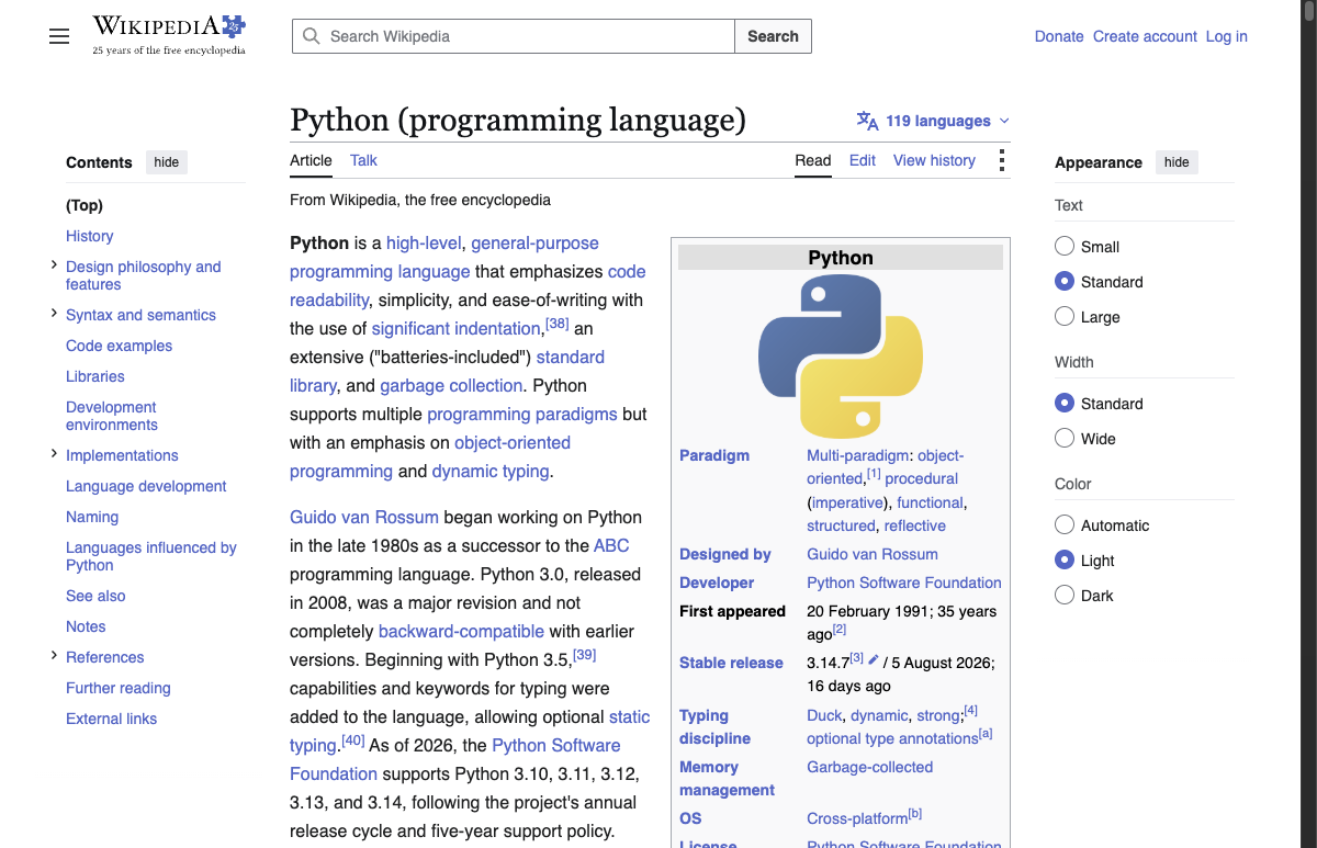 Artigo da Wikipedia sobre Python capturado pela Pydoll